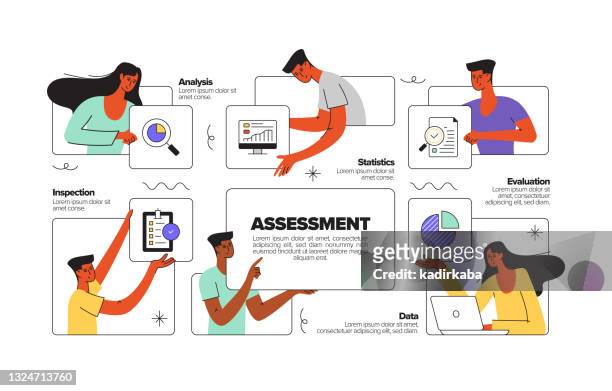 assessment concept flat line illustration with icons - scrutiny stock illustrations
