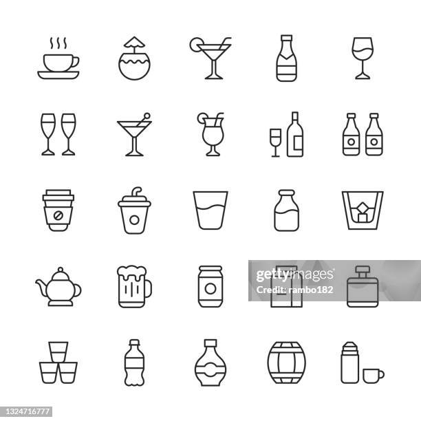 ilustrações, clipart, desenhos animados e ícones de ícones da linha de bebidas. golpe editável. contém ícones como álcool, cerveja, garrafa, café, champanhe, coquetel, café, frasco, vidro, leite, boate, vida noturna, festa, evento social, refrigerante, açúcar, chá, garrafa, vodka, água, whisky, v - lata recipiente