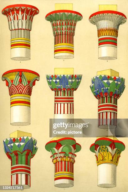 stockillustraties, clipart, cartoons en iconen met egyptian ornament : capitals of columns, showing the various applications of the lotus and papyrus  -xxxl with lots of details- - papyrusriet
