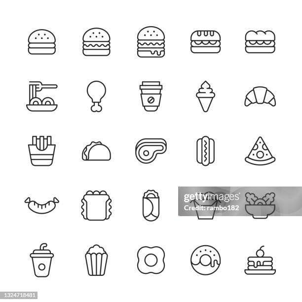 ilustraciones, imágenes clip art, dibujos animados e iconos de stock de iconos de la línea de comida rápida. trazo editable. contiene iconos tales como desayuno, pastel, hamburguesa con queso, pollo, croissant, postre, bebida, entrega de alimentos, papas fritas, hamburguesa, perro caliente, helado, pasta, pizza, palomitas de - carne procesada