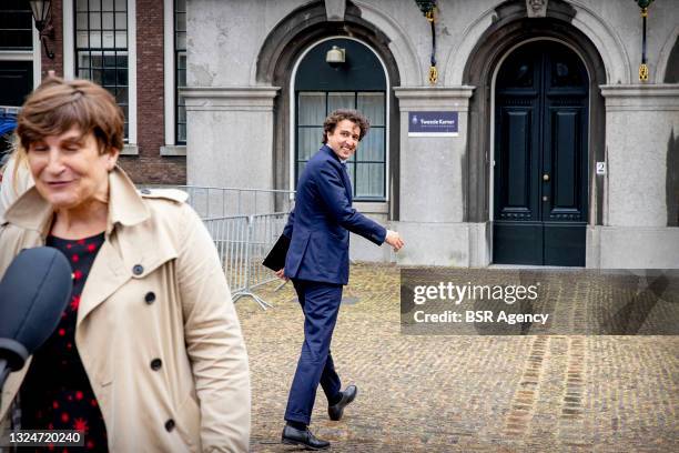PvdA leader Lilianne Ploumen and GroenLinks leader Jesse Klaver are seen at the Binnenhof following another day of formation talks with informateur...