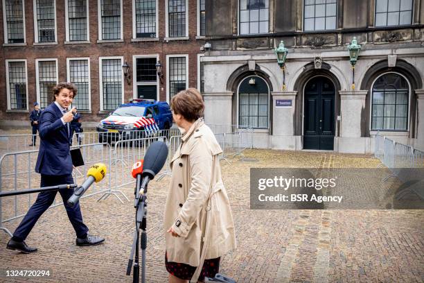 PvdA leader Lilianne Ploumen and GroenLinks leader Jesse Klaver are seen at the Binnenhof following another day of formation talks with informateur...