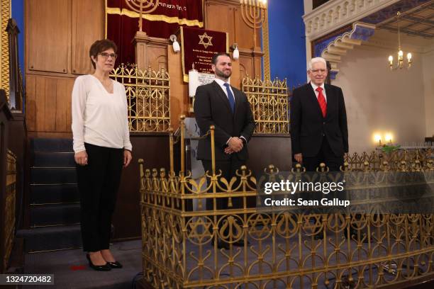German Defense Minister Annegret Kramp-Karrenbauer , Rabbi Zsolt Balla and President of the Central Council of Jews in Germany Josef Schuster pose...