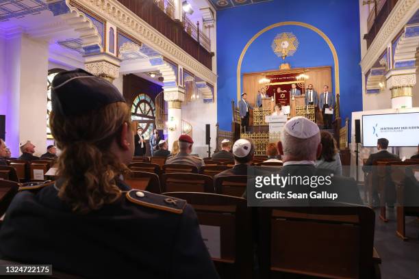 German Defense Minister Annegret Kramp-Karrenbauer speaks during the ceremony to inaugurate Rabbi Zsolt Balla as the first federal rabbi of the...