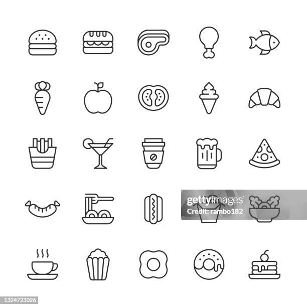 essen und trinken linie icons. bearbeitbarer strich. enthält wie bäckerei, kuchen, huhn, kaffee, croissant, dessert, fisch, lebensmittellieferung, fries, obst, hot dot, eis, fleisch, pizza, salat, wurst, spaghetti, steak, sushi, takeout, tee, gemüse. - kartoffel icon stock-grafiken, -clipart, -cartoons und -symbole