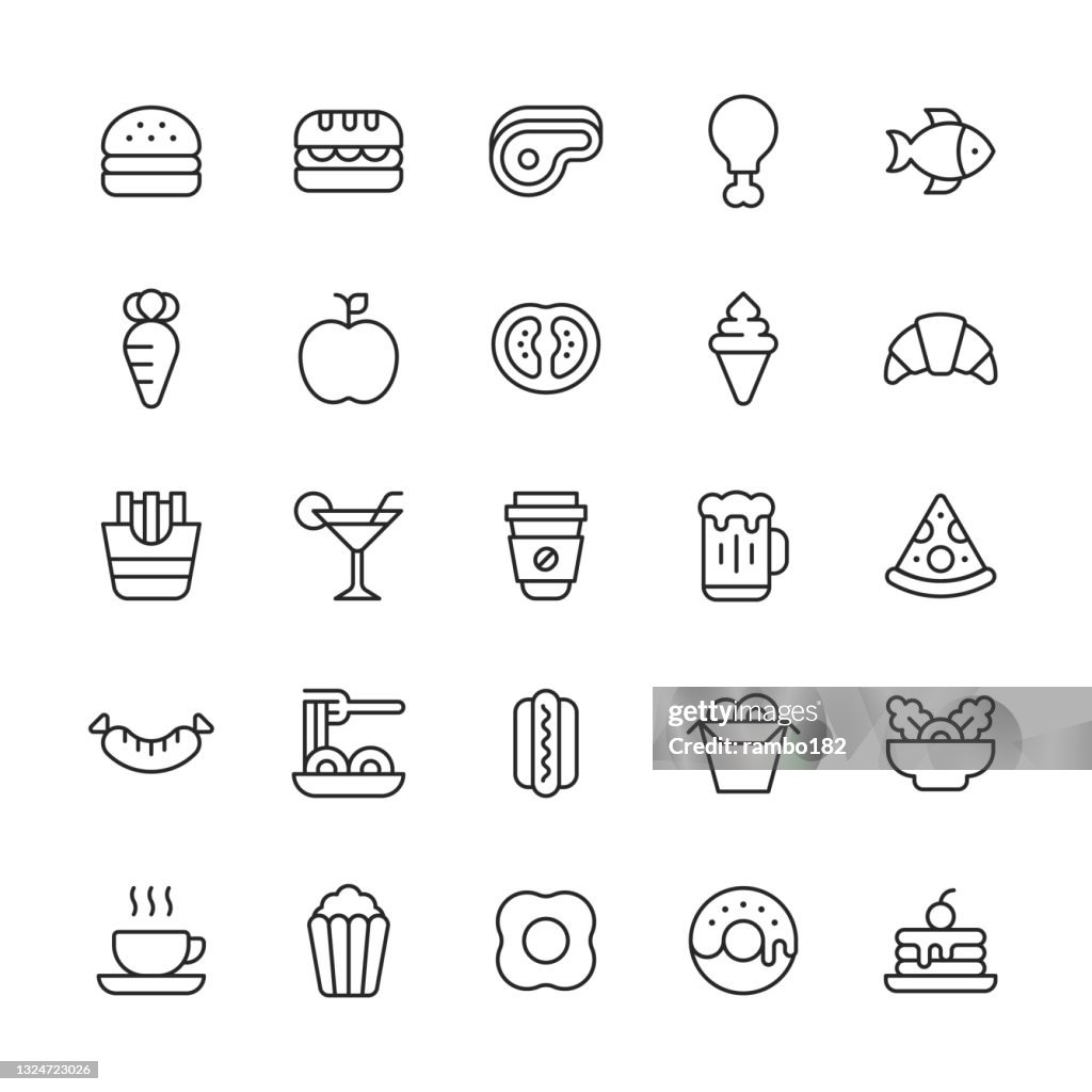 Ícones da linha de comida e bebida. Golpe editável. Contém ícones como Padaria, Bolo, Frango, Café, Croissant, Sobremesa, Peixe, Entrega de Alimentos, Fritas, Frutas, Ponto Quente, Sorvete, Carne, Pizza, Salada, Salsicha, Espaguete, Bife, Sushi, Takeo