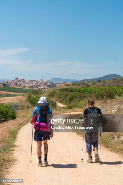 pilgrims hiking the camino de santiago also known as the way towards the little village of cirauqui on a hot summer day - santiago de compostela spain stock-fotos und bilder