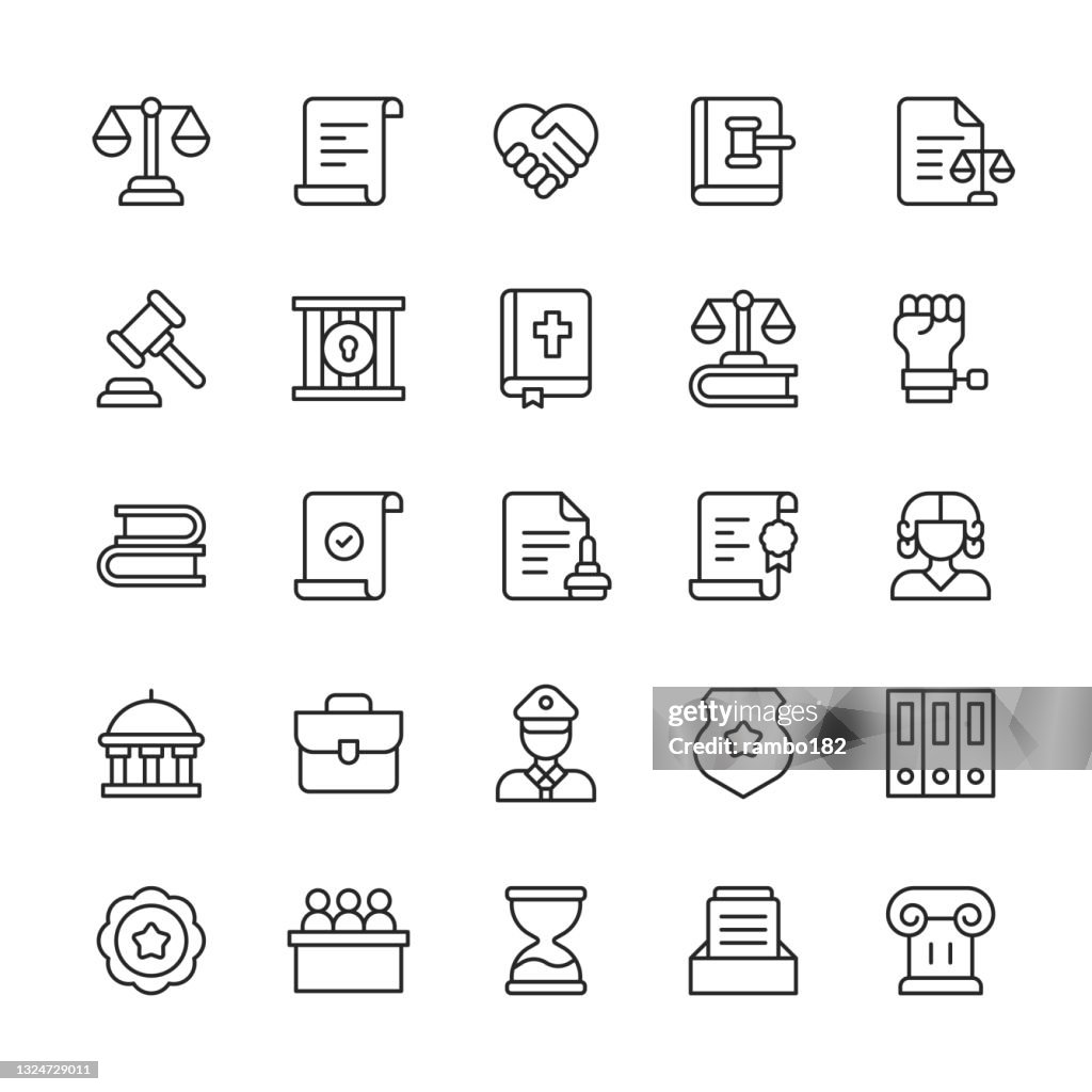 Law and Justice Line Icons. Editable Stroke. Contains such icons as Agreement, Attorney, Constitution, Courtroom, Equality, Fingerprint, Government, Insurance, Judge, Jury, Legal System, Police, Politics, Prison, Protest, Security, Verdict.