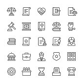 Law and Justice Line Icons. Editable Stroke. Contains such icons as Agreement, Attorney, Constitution, Courtroom, Equality, Fingerprint, Government, Insurance, Judge, Jury, Legal System, Police, Politics, Prison, Protest, Security, Verdict.
