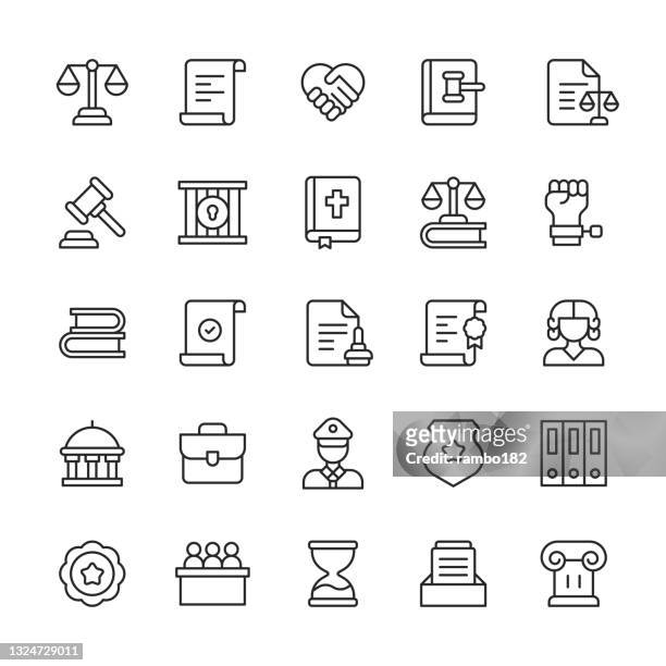 law and justice line icons. editable stroke. contains such icons as agreement, attorney, constitution, courtroom, equality, fingerprint, government, insurance, judge, jury, legal system, police, politics, prison, protest, security, verdict. - legal system stock illustrations