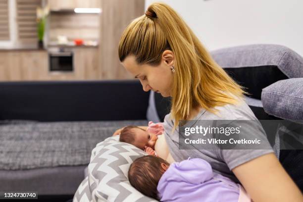 mother holding and breastfeeding her twin babies. - gémeo idêntico imagens e fotografias de stock