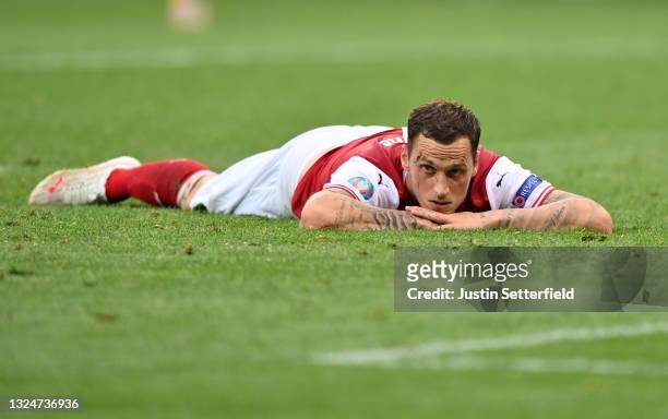 Marko Arnautovic of Austria reacts after a missed chance during the UEFA Euro 2020 Championship Group C match between Ukraine and Austria at National...