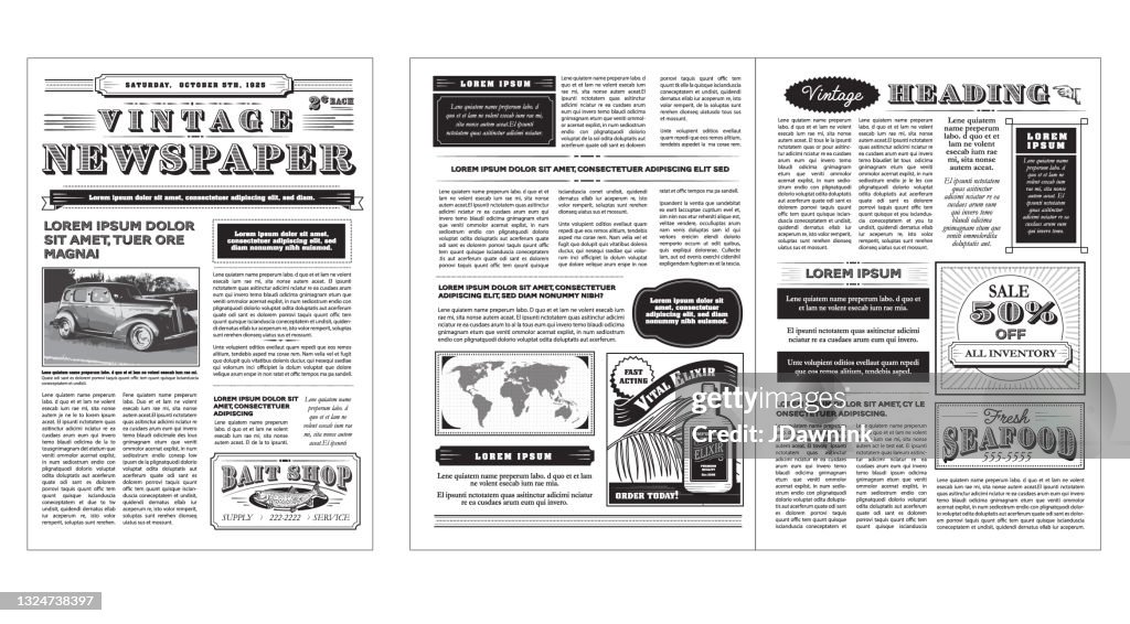 Vintage or old fashioned Newspaper layout includes front page and inside layout design template on white background