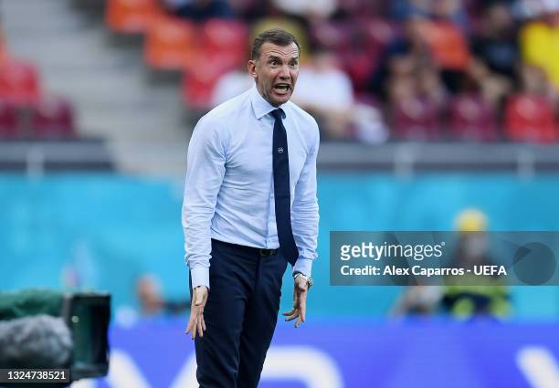 Andriy Shevchenko, Head Coach of Ukraine reacts during the UEFA Euro 2020 Championship Group C match between Ukraine and Austria at National Arena on...