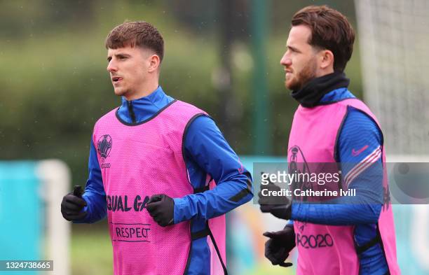 Mason Mount and Ben Chilwell of England look on during the at Tottenham Hotspur Training Centre on June 21, 2021 in Enfield, England.