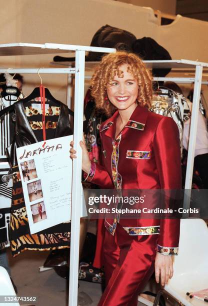 Laeticia Hallyday poses backstage during the Leonard Ready to Wear Fall/Winter 1996/97 show as part of Paris Fashion Week on March 17, 1996 in Paris,...