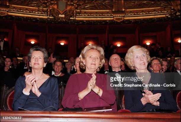 Anne-Aymone Giscard d'Estaing, Bernadette Chirac and Claude Pompidou attend the reopening Gala of the Opéra de Paris on March 18, 1996 in Paris,...