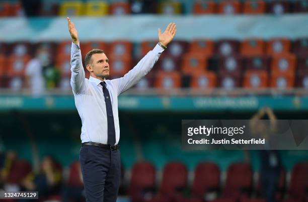 Andriy Shevchenko, Head Coach of Ukraine acknowledges the fans after the UEFA Euro 2020 Championship Group C match between Ukraine and Austria at...