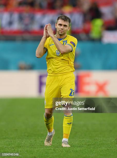 Oleksandr Karavaev of Ukraine applauds the fans after the UEFA Euro 2020 Championship Group C match between Ukraine and Austria at National Arena on...