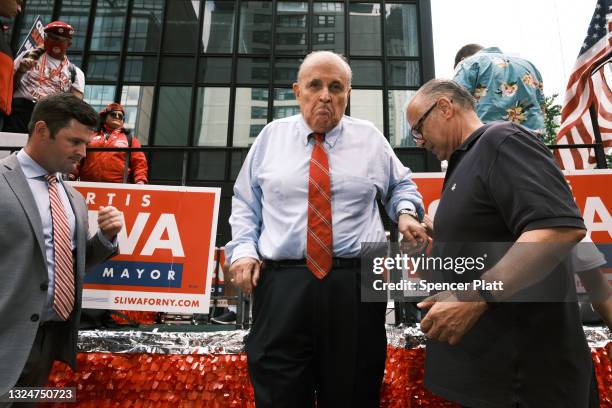 Former New York City Mayor Rudy Giuliani makes an appearance in support of fellow Republican Curtis Sliwa who is running for NYC mayor on June 21,...