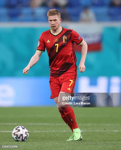Kevin De Bruyne of Belgium runs with the ball during the UEFA Euro 2020 Championship Group B match between Finland and Belgium at Saint Petersburg...