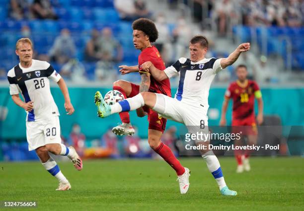 Axel Witsel of Belgium battles for possession with Robin Lod of Finland during the UEFA Euro 2020 Championship Group B match between Finland and...