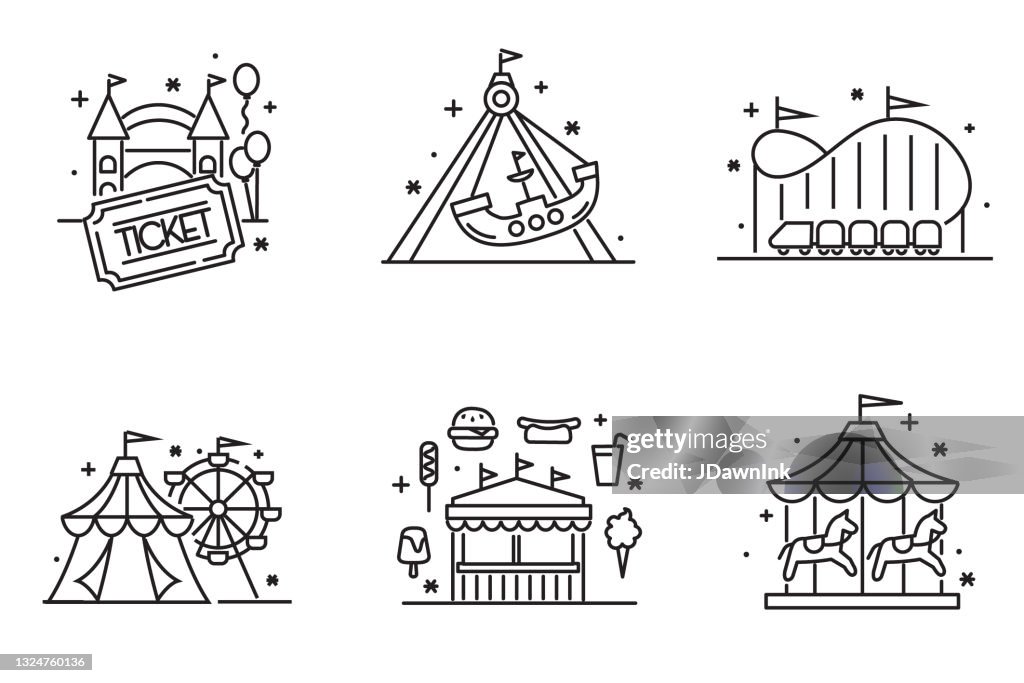 Parc d’attractions et foire du carnaval, tente de carnaval, grande roue, bateau pirate, entrée de billet, montagnes russes, stand de concession alimentaire et éléments de carrousel ligne mince Ensemble d’icônes - course modifiable