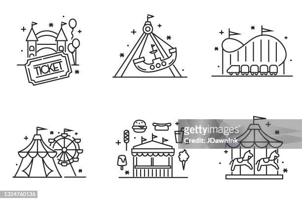 carnival amusement park and fair, carnival tent, ferris wheel, pirate ship, ticket entrance, rollercoaster, food concession stand and carousel elements thin line icon set - editable stroke - traditional festival stock illustrations