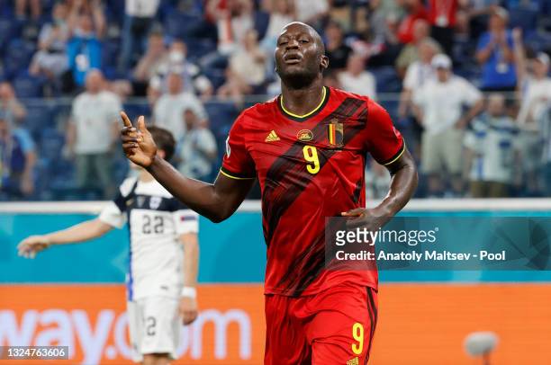 Romelu Lukaku of Belgium celebrates after scoring a goal which is later disallowed by VAR for offside during the UEFA Euro 2020 Championship Group B...