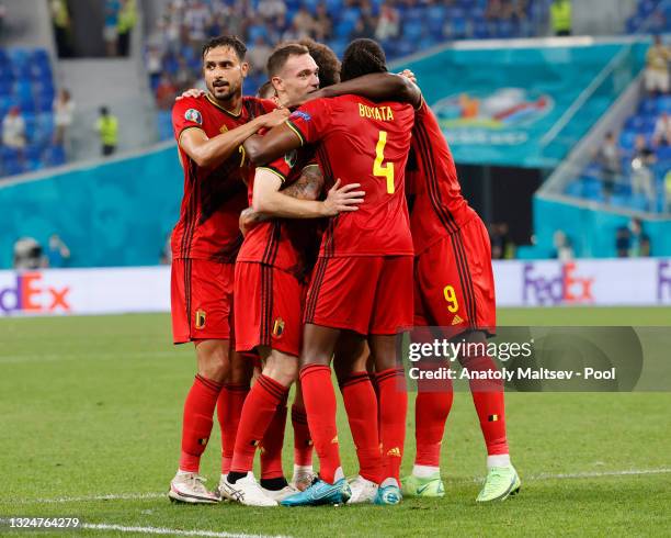 Players of Belgium celebrate their side's first goal, an own goal by Lukas Hradecky of Finland during the UEFA Euro 2020 Championship Group B match...