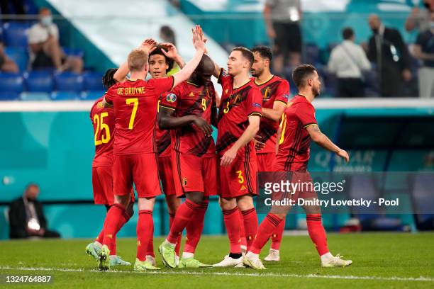 Kevin De Bruyne, Axel Witsel, Romelu Lukaku and Thomas Vermaelen of Belgium celebrate their side's first goal, an own goal by Lukas Hradecky of...