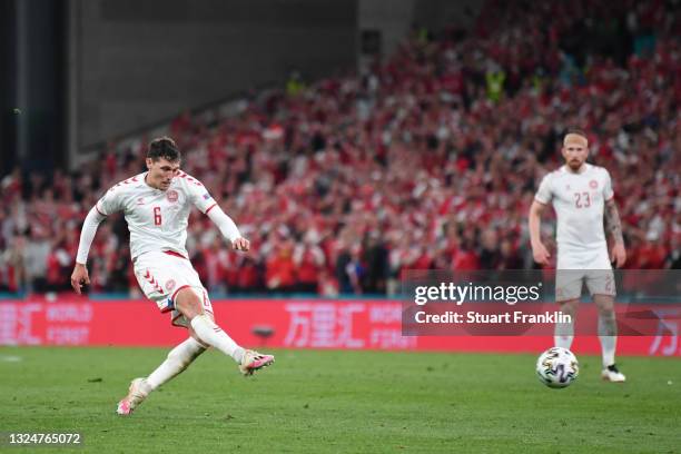 Andreas Christensen of Denmark scores their side's third goal during the UEFA Euro 2020 Championship Group B match between Russia and Denmark at...