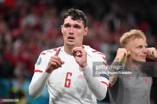 Andreas Christensen of Denmark celebrates after scoring their side's third goal during the UEFA Euro 2020 Championship Group B match between Russia...