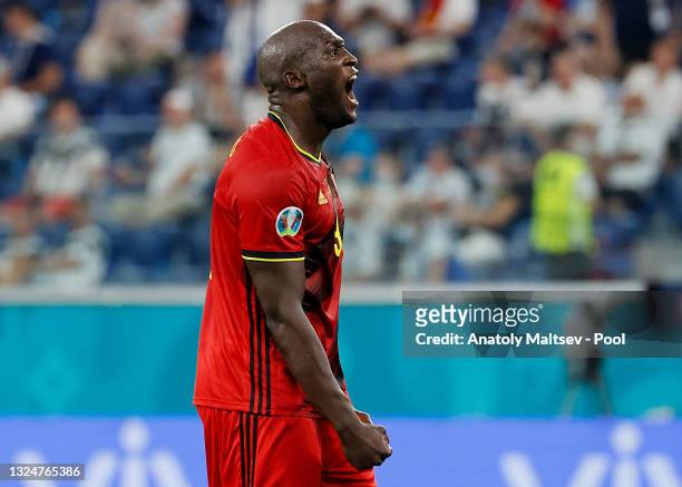 Romelu Lukaku of Belgium celebrates after scoring their side's second goal during the UEFA Euro 2020 Championship Group B match between Finland and...