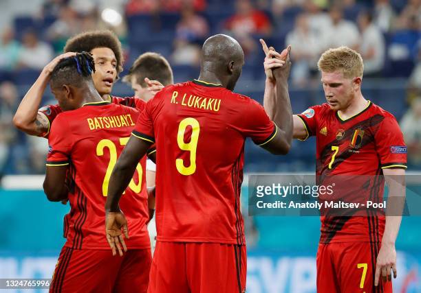 Romelu Lukaku of Belgium celebrates with teammate Kevin De Bruyne after scoring their team's second goal during the UEFA Euro 2020 Championship Group...