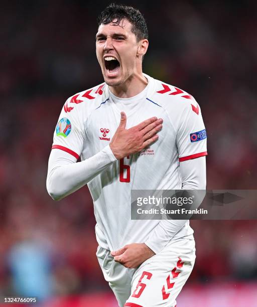 Andreas Christensen of Denmark celebrates after scoring their side's third goal during the UEFA Euro 2020 Championship Group B match between Russia...