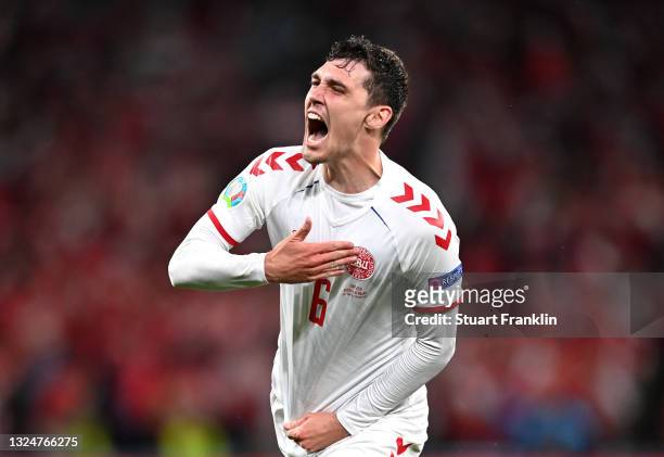 Andreas Christensen of Denmark celebrates after scoring their side's third goal during the UEFA Euro 2020 Championship Group B match between Russia...