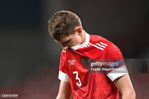 Igor Diveev of Russia reacts during the UEFA Euro 2020 Championship Group B match between Russia and Denmark at Parken Stadium on June 21, 2021 in...