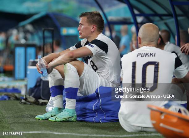 Robin Lod of Finland looks dejected after the UEFA Euro 2020 Championship Group B match between Finland and Belgium at Saint Petersburg Stadium on...