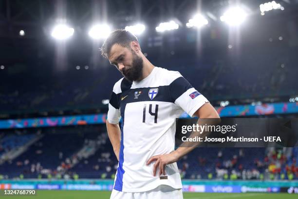 Tim Sparv of Finland looks dejected after the UEFA Euro 2020 Championship Group B match between Finland and Belgium at Saint Petersburg Stadium on...