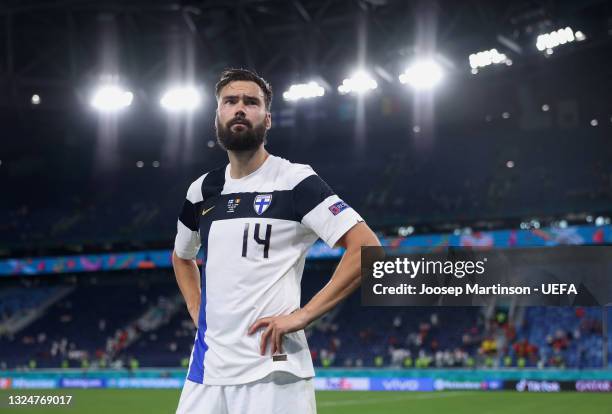 Tim Sparv of Finland reacts after the UEFA Euro 2020 Championship Group B match between Finland and Belgium at Saint Petersburg Stadium on June 21,...