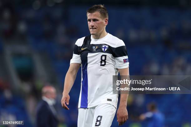 Robin Lod of Finland looks dejected after the UEFA Euro 2020 Championship Group B match between Finland and Belgium at Saint Petersburg Stadium on...