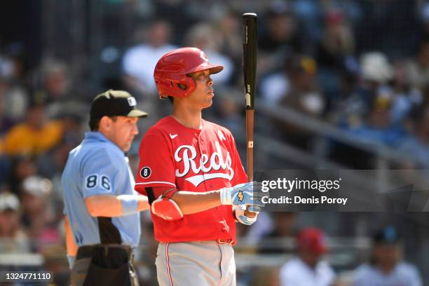 Shogo Akiyama of the Cincinnati Reds plays during a baseball game against the San Diego Padres at Petco Park on June 20, 2021 in San Diego,...