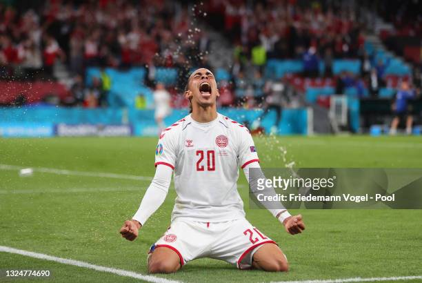 Yussuf Poulsen of Denmark celebrates after scoring their side's second goal during the UEFA Euro 2020 Championship Group B match between Russia and...