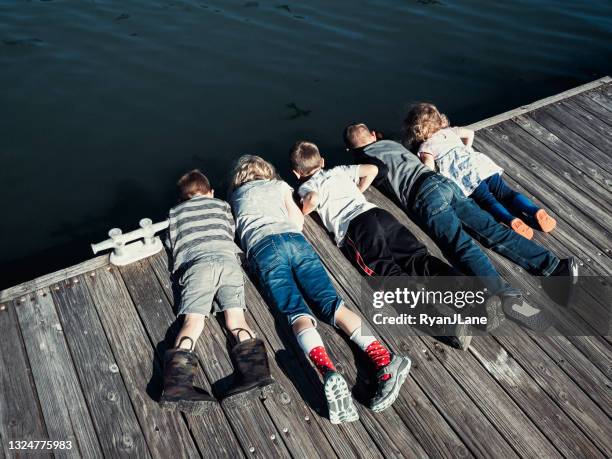 children lay on ground looking over dock edge - 5 fishes stock pictures, royalty-free photos & images