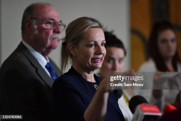 Environment Minister Sussan Ley reacts during a press conference in the Mural Hall at Parliament House on June 22, 2021 in Canberra, Australia....