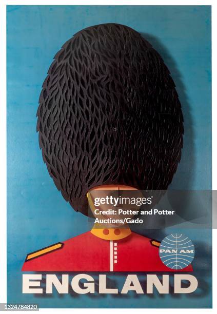 "England" poster depicting a stylized, trompe l'oeil Queenâ€™s Guard's head and shoulders, wearing a bearskin hat, designed for Pan Am, 1965.