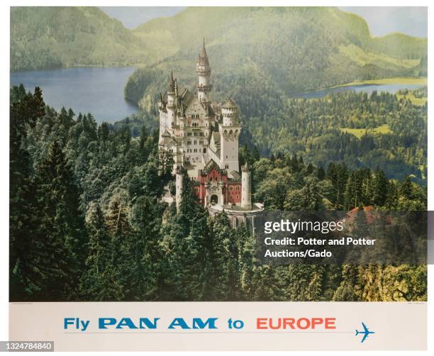 "Fly Pan Am to Europe" photo poster with a birds-eye view of Germany's Neuschwanstein Castle set amidst bristling evergreens and blue lakes, designed...