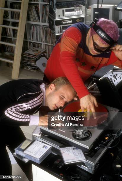 Musician Moby appears on the turntables in a portrait with Supa DJ Dmitry of the group Deee-Lite on May 10, 1994 in New York City.