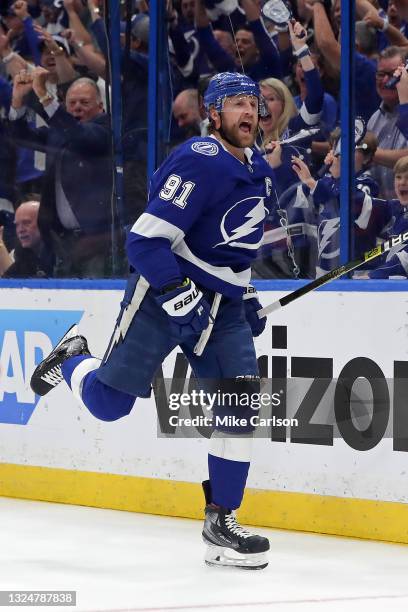 Steven Stamkos of the Tampa Bay Lightning celebrates after scoring a goal against the New York Islanders during the first period in Game Five of the...